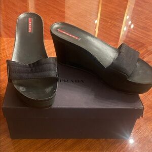 Prada Women's Elegant Black Wedge Slides
